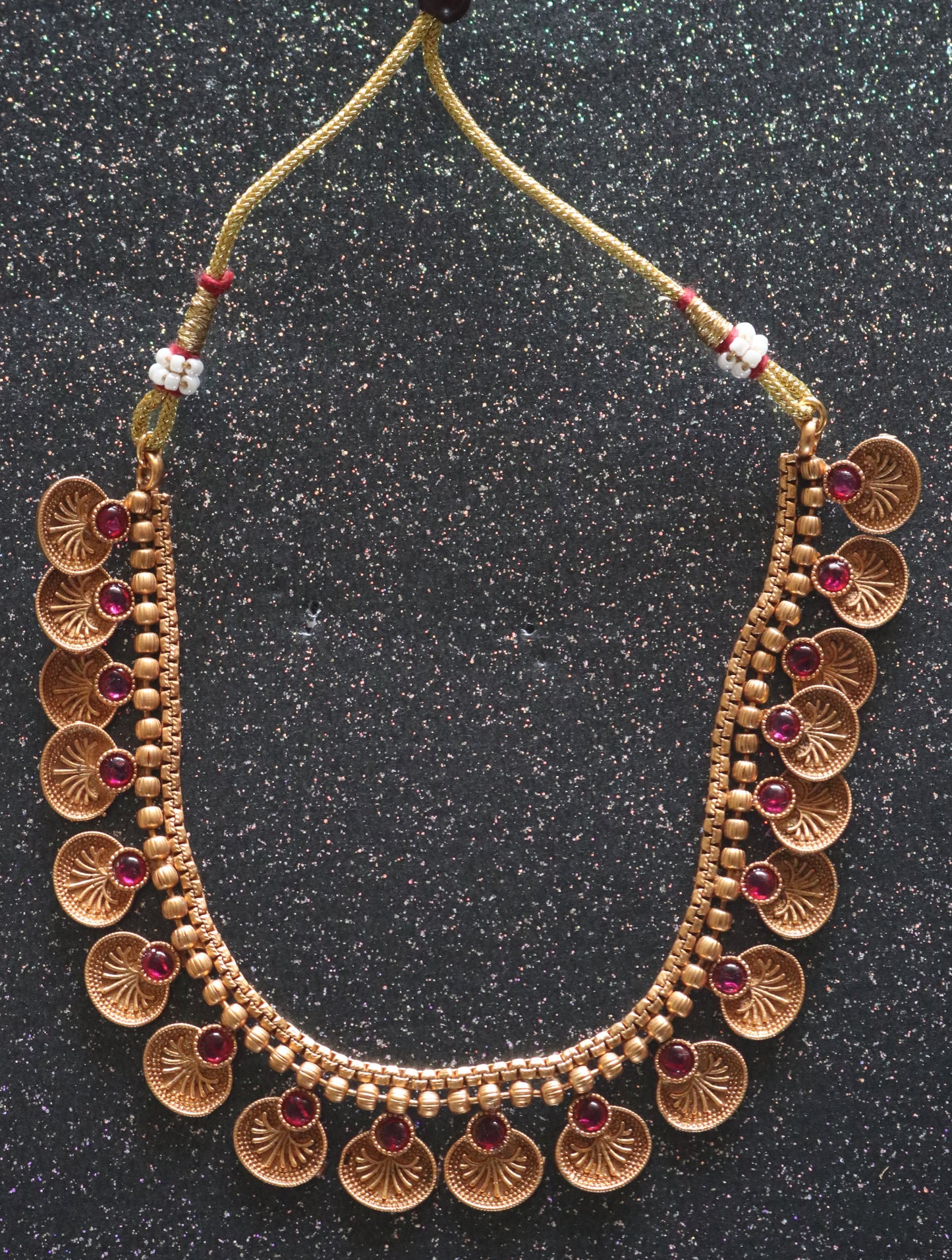 Gilded Lakshmi Blossom – Ruby Stone Coin Necklace