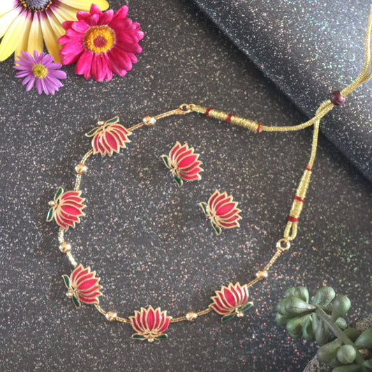 Meenakari Lotus Enamel Necklace – Gold-Toned Chain with Matching Earrings for free