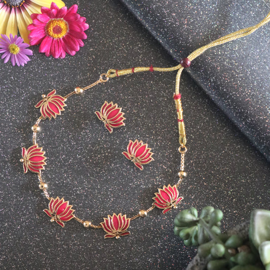 Meenakari Lotus Enamel Necklace – Gold-Toned Chain with Matching Earrings for free