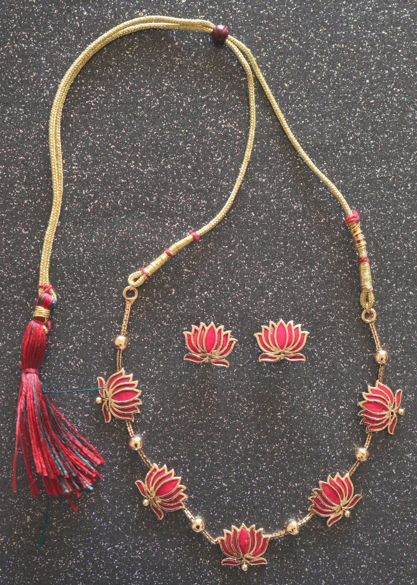 Meenakari Lotus Enamel Necklace – Gold-Toned Chain with Matching Earrings for free
