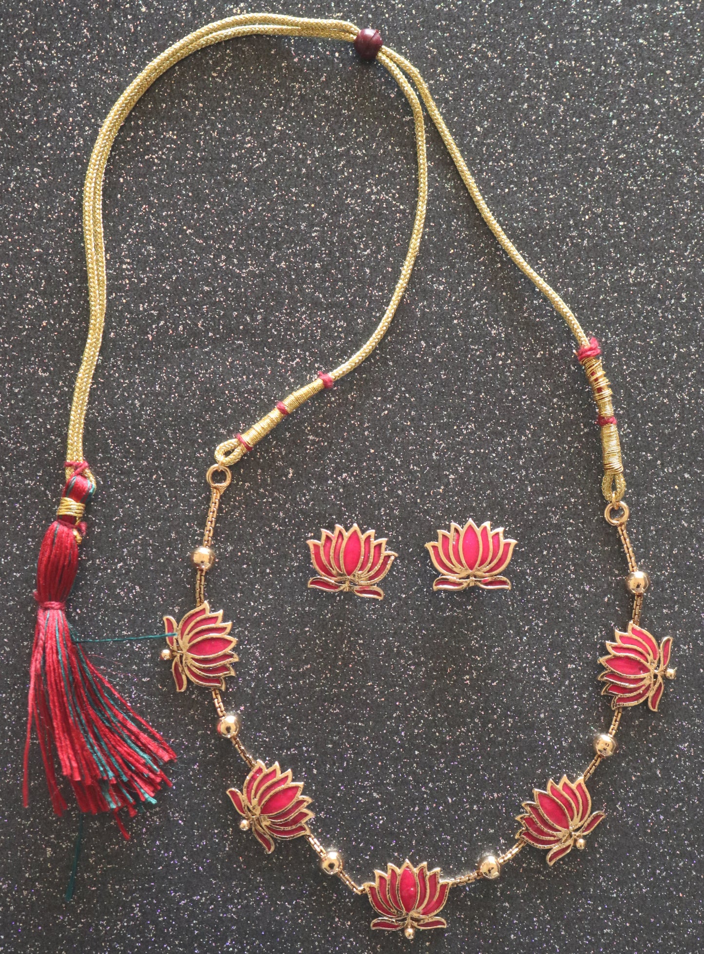Meenakari Lotus Enamel Necklace – Gold-Toned Chain with Matching Earrings for free