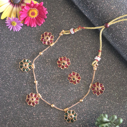 Floral Grace Necklace & Earring Set (Ruby and Green)