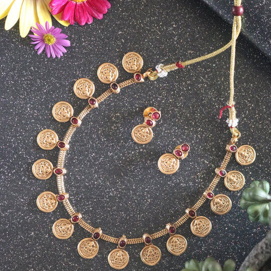 Lakshmi Coin Cascade Set – Gold Necklace & Earrings (Ruby)