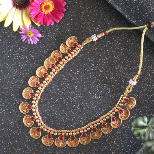 Gilded Lakshmi Blossom – Ruby Stone Coin Necklace