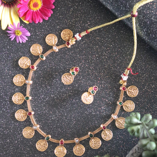 Lakshmi Coin Cascade Set – Gold Necklace & Earrings (Ruby, green and white)